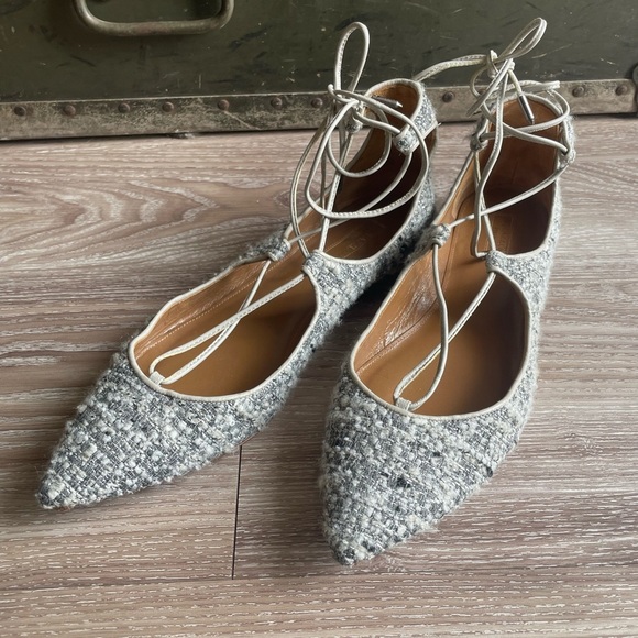 Aquazzura Italian Christy Tweed Lace-up Ballet Flats - Picture 1 of 6